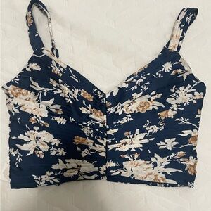 Abercrombie & Fitch Navy Floral Satin Pleated Crop Top - Small